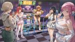  6+girls ahoge anis_(nikke) anis_(star)_(nikke) ass bandeau bare_shoulders black_hair blonde_hair blush breasts brown_eyes brown_hair building cat_ear-shaped_hair cat_hair_ornament cat_ornament cellphone checkered_floor chest_strap cleavage closed_eyes clothing_cutout collarbone commentary crop_top cropped_hoodie cropped_sweater dance_pad dorothy_(luna_light)_(nikke) dorothy_(nikke) english_commentary fingerless_gloves full_body gloves goddess_of_victory:_nikke green_pants green_shorts grey_hair hair_bun hair_intakes hair_ornament hairclip highres hood hooded_sweater hoodie idol idol_clothes indoors large_breasts long_hair long_sleeves midriff mint_(fresh_mint)_(nikke) mint_(nikke) multiple_girls navel night official_alternate_costume official_alternate_hairstyle open_mouth pants phone pink_hair pink_skirt pleated_skirt pretty_(nikke) prika_(cool_paprika)_(nikke) prika_(nikke) pump_it_up purple_eyes rapi_(nikke) rapi_(red_hood)_(nikke) rapi_(red_hood)_(shining_light)_(nikke) reflection rhythm_game shoes short_hair short_shorts shorts shoulder_cutout shrug_(clothing) side_slit side_slit_shorts silver_skirt silvertsuki single_fingerless_glove single_thighhigh skirt sleeveless smartphone smile sweater t.t._star_(nikke) thighhighs thighs white_bandeau white_skirt white_thighhighs yellow_shrug 