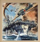  a6m_zero aircraft aircraft_carrier airplane american_flag battle border brown_border day f6f_hellcat firing flying highres imperial_japanese_army komatsuzaki_shigeru military_vehicle missile no_humans ocean original outdoors painting_(medium) propeller_fighter ship ship_turret signal_flag signature smoke third-party_source traditional_media united_states_navy uss_birmingham_(cl-62) uss_princeton_(cvl-23) warship watercraft world_war_ii 