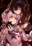  2girls black_gloves breasts brown_eyes brown_hair closed_mouth collarbone commentary_request earrings flower gloves hair_between_eyes highres jewelry kyukyutto_(denryoku_hatsuden) large_breasts long_hair magical_girl mahou_shoujo_ikusei_keikaku multiple_girls nail_polish neckerchief one_eye_closed parted_lips petals pink_hair purple_nails red_eyes ripple_(mahoiku) sailor_collar scar scar_across_eye scar_on_face school_uniform shirt short_hair short_sleeves side_ponytail snow_white_(mahoiku) tears very_long_hair white_shirt yuri 