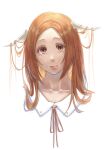  1girl absurdres bleach closed_mouth commentary dragon_horns highres horns inoue_orihime long_hair looking_at_viewer mitarashi_(5333069) orange_eyes orange_hair orange_ribbon ribbon sailor_collar sidelocks simple_background smile solo symbol-only_commentary white_background 