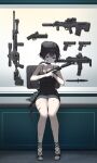  1girl absurdres bare_arms bare_legs bare_shoulders battle_rifle black_choker black_dress black_eyes black_hair black_shoes blood blood_on_arm blood_on_face blood_on_leg bolt_action break_action breasts choker closed_mouth collarbone commentary desert_tech_mdr dress fluf.p full_body grenade_launcher gun h&amp;k_hk45 h&amp;k_mp7 handgun high_heels highres knife large_breasts looking_at_object m79 original rifle shadow shoes short_hair sitting sleeveless sleeveless_dress sniper_rifle solo spaghetti_strap ssg_08 straight-on submachine_gun suppressor weapon 