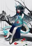  1girl absurdres arknights bare_shoulders bead_bracelet beads black_hair bracelet closed_mouth colored_extremities colored_skin commentary_request dragon_girl dragon_horns dragon_tail dress dusk_(arknights) dusk_(everything_is_a_miracle)_(arknights) earrings eastern_dragon_tail flower green_hands green_horns green_skin highres holding holding_flower horns jewelry miike_(992058) multicolored_hair pointy_ears red_eyes sleeveless sleeveless_dress solo streaked_hair tail tail_ornament tail_ring tassel tassel_earrings 