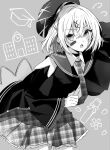  1girl artist_name bandaid bandaid_on_face beret coat commentary_request cowboy_shot crossed_bangs frilled_sleeves frills greyscale hair_between_eyes hair_ornament hat highres long_sleeves looking_at_viewer mahou_shoujo_no_majo_saiban meimei_(meimei89008309) monochrome necktie official_alternate_costume open_mouth plaid_clothes plaid_necktie plaid_skirt red_eyes shito_alisa short_hair signature skirt solo stitched_face stitches twitter_username wide_sleeves x_hair_ornament 