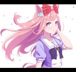  1girl agnes_digital_(umamusume) animal_ears blue_eyes blush bow bowtie breasts commentary_request hair_bow hiro_(pqtks113) horse_ears horse_girl horse_tail letterboxed long_hair looking_at_viewer parted_lips petals pink_hair pleated_skirt puffy_short_sleeves puffy_sleeves purple_bow purple_bowtie purple_shirt sailor_collar sailor_shirt school_uniform shirt short_sleeves skirt small_breasts solo tail tracen_school_uniform umamusume white_sailor_collar white_skirt 