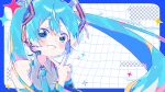  1girl absurdres bare_shoulders black_sleeves blue_border blue_eyes blue_hair blue_necktie blush_stickers border collared_shirt commentary detached_sleeves double-parted_bangs drop_shadow grey_shirt grid_background grin hair_between_eyes hand_up hatsune_miku highres long_hair long_sleeves looking_at_viewer necktie outline outside_border shirt sleeveless sleeveless_shirt smile solo twintails untranslatable_commentary upper_body v vocaloid white_background white_outline wide_sleeves yotsuba_(clover3hachimitu) 