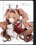  1girl absurdres angelina_(arknights) angelina_the_mellow_wish_(arknights) animal_ear_fluff animal_ears arknights black_gloves black_hairband brown_eyes brown_hair chinese_commentary commentary_request detached_sleeves fox_ears fox_girl gloves hair_between_eyes hairband hand_on_own_cheek hand_on_own_face highres infection_monitor_(arknights) kanvien lined_paper long_hair long_sleeves looking_at_viewer multicolored_hairband paper_background smile solo twintails two-tone_hairband upper_body 