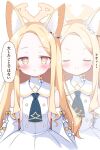  1girl aikumofuwari animal_ear_fluff animal_ears blonde_hair blue_archive blush bow closed_eyes detached_sleeves dress flower forehead fox_ears hair_flower hair_ornament halo highres long_hair looking_at_viewer necktie seia_(blue_archive) simple_background translation_request white_background white_bow yellow_bow yellow_eyes yellow_halo 