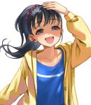  1girl :d black_hair blue_shirt blush commentary_request fukuyama_mai hair_ornament hair_scrunchie highres idolmaster idolmaster_cinderella_girls jacket kaiso_(kaisooekaki) long_sleeves looking_at_viewer open_clothes open_shirt ponytail scrunchie shirt simple_background smile solo upper_body white_background yellow_jacket 