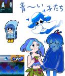  2girls 33mirencho aerobic_germs_(rhythm_tengoku) arthropod_girl backpack bag bikini black_eyes blue_coat blue_hair blue_hoodie blue_jacket boots chewing closed_eyes closed_mouth coat colored_skin commentary_request crab drawstring eating eggplant family_members_(rhythm_tengoku) food food_bite food_on_face fruit ghost highres holding holding_food holding_fruit hood hood_down hood_up hoodie humanization jacket long_sleeves looking_at_another midriff monster_girl multicolored_hair multiple_girls multiple_views navel open_mouth parka personification photo_inset raincoat reference_inset rhythm_tengoku rhythm_tengoku_miracle_stars rubber_boots sarong screenshot_inset short_hair simple_background sleeping sleeves_past_fingers sleeves_past_wrists standing strap_slip swimsuit twintails u_u white_background zzz 