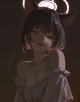  1girl :d absurdres animal_ears artist_name black_hair blue_archive blush breasts cat_ears cat_girl cleavage collarbone colored_inner_hair commentary extra_ears fangs frilled_shirt frills halo head_tilt highres kazusa_(blue_archive) looking_at_viewer multicolored_hair open_mouth pink_eyes pink_hair pink_halo shirt short_hair signature simple_background sleeveless sleeveless_shirt small_breasts smile solo two-tone_hair upper_body white_shirt yppahnu982 