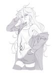  1girl bare_shoulders collarbone cropped_legs danganronpa_(series) danganronpa_2:_goodbye_despair genderswap genderswap_(mtf) hair_between_eyes hand_in_own_hair highres jacket komaeda_nagito long_hair long_sleeves miniskirt off_shoulder print_shirt shirt skirt solo sslloowwll teeth thighhighs 