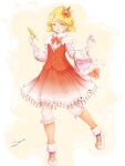  1girl 2025 :d aki_shizuha basket blonde_hair blush commentary_request full_body furim hair_ornament hair_ribbon highres holding holding_leaf holding_petal leaf leaf_hair_ornament long_sleeves looking_at_viewer multicolored_eyes open_mouth petals pink_petals puffy_long_sleeves puffy_sleeves red_eyes red_shirt red_skirt ribbon shirt shoes short_hair signature simple_background skirt smile solo standing touhou two-tone_eyes two-tone_skirt white_skirt yellow_eyes 