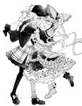  2girls :d asymmetrical_footwear bonnet capelet collared_shirt commentary_request dress flower flower-trimmed_dress greyscale hair_flower hair_ornament hat highres mahou_shoujo_no_majo_saiban mismatched_footwear monochrome multiple_girls open_mouth plaid_clothes plaid_skirt shirt short_hair single_leg_pantyhose single_sock skirt smile socks sweatdrop tachibana_sherry tono_hanna twintails vest watage_modoki 