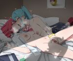  3girls absurdres ahoge akita_neru aqua_hair aqua_nails bar_censor black_choker bow bowtie breasts censored choker closed_eyes collarbone commentary_request drill_hair fingering french_kiss hatsune_miku heart highres indoors kagironsfw kasane_teto kiss long_hair loving_aura medium_breasts multiple_girls navel navel_piercing nipple_piercing nipples open_clothes open_door open_shirt pearto piercing poster_(object) pubic_hair pussy red_bow red_bowtie red_hair red_pubic_hair shirt sidelocks striped_bow striped_bowtie striped_clothes triple_baka_(group) triple_ryuunen twin_drills twintails twitter_username utau vocaloid walk-in white_shirt yuri 