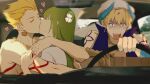  1other 2boys absurdres androgynous blonde_hair blue_vest body_markings car car_interior car_seat chain character_charm charm_(object) circlet closed_eyes collared_vest commentary couple driving dual_persona earrings emalfire enkidu_(fate) fake_horns fate/grand_order fate/strange_fake fate_(series) fingernails flower_tattoo french_kiss gauntlets gem gilgamesh_(caster)_(fate) gilgamesh_(fate) gold_chain gold_earrings gold_necklace green_hair hair_between_eyes hand_on_another's_arm high_collar highres hitman's_wife's_bodyguard hoop_earrings horns hug jewelry kiss long_hair looking_afar male_focus meme motor_vehicle multiple_boys neck_ring necklace open_clothes open_mouth open_vest other_focus other_with_male parody purple_gem red_eyes robe scared short_hair shoulder_tattoo single_gauntlet sitting spiked_hair steering_wheel sweat tattoo teeth tongue turban untranslatable_commentary v-shaped_eyebrows very_long_hair vest white_robe white_turban wide-eyed 