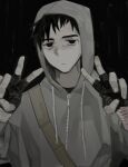  1boy absurdres bag bags_under_eyes black_background black_gloves black_hair black_shirt blank_stare commentary cry_of_fear double_v fingerless_gloves frown gloves grey_hoodie highres hood hood_up hoodie looking_at_viewer male_focus self-harm shirt short_hair shoulder_bag si_tou simon_henriksson simple_background solo upper_body v wrist_cutting 