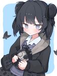  1girl arutisu0723 black_butterfly black_hair black_hoodie black_ribbon black_skirt blue_background border bug butterfly character_doll closed_mouth commentary_request contrast_collar doll grey_eyes grey_sweater_vest hair_ribbon highres holding holding_doll hood hoodie kurobe_nanoka looking_at_viewer mahou_shoujo_no_majo_saiban narehate_(mahou_shoujo_no_majo_saiban) official_alternate_costume ribbon shirt short_hair simple_background skirt solo sweater_vest two_side_up upper_body white_border white_shirt 