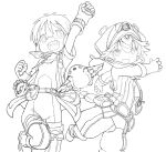  2girls absurdres arm_up bag belt belt_pouch boots breasts capelet clenched_hands commentary_request cowboy_shot creature crossed_bangs curly_hair double-parted_bangs flying glasses gloves goggles helmet highres jacket lineart looking_at_viewer made_in_abyss meinya_(made_in_abyss) messy_bangs multiple_girls official_alternate_costume official_art open_clothes open_jacket open_mouth overalls pith_helmet pouch production_art prushka puffy_pants riko_(made_in_abyss) shirt short-sleeved_jacket short_hair short_sleeves shoulder_bag simple_background small_breasts smile standing standing_on_one_leg striped_clothes striped_shirt tareme teeth thighhighs tsukushi_akihito unworn_goggles upper_teeth_only vertical-striped_clothes vertical-striped_shirt whistle whistle_around_neck white_background wings 
