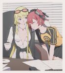  2girls absurdres aiba_ami black_skirt blonde_hair breasts cleavage closed_eyes commentary_request digimon digimon_story:_cyber_sleuth grin hand_on_another's_head highres kuremi_kyouko long_hair looking_at_another medium_breasts multicolored_shirt multiple_girls orange_shirt pleated_skirt red_hair shirt skirt smile tbjj1208 white_shirt 