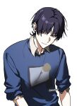  1boy arms_at_sides bishounen black_hair blue_shirt blue_sleeves blunt_ends bright_pupils closed_mouth collared_shirt commentary crew_neck english_commentary eyeliner genshin_impact highres jlypih layered_shirt layered_sleeves makeup male_focus purple_eyes red_eyeliner scaramouche_(genshin_impact) shirt solo three-quarter_sleeves tsurime twitter_username upper_body white_background white_pupils white_shirt white_sleeves wing_collar wispy_bangs 
