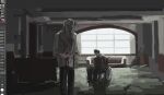  2boys backlighting bag black_hair blood blood_on_clothes cry_of_fear dual_persona faceless facing_another grey_hoodie hood hood_up hoodie indoors male_focus multiple_boys on_wheelchair painterly short_hair shoulder_bag si_tou simon_henriksson unfinished window_light 