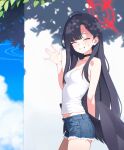 1girl alternate_costume black_choker black_hair black_wings blue_archive blue_shorts blue_sky breasts camisole carroll casual choker closed_eyes cloud commentary cowboy_shot day denim denim_shorts facing_to_the_side facing_viewer feathered_wings from_side grin hair_ornament hairclip halo hand_up ichika_(blue_archive) leaf long_hair low_wings outdoors red_halo ring_of_light_(blue_archive) shorts sky small_breasts small_sweatdrop smile solo very_long_hair waving white_camisole wings 