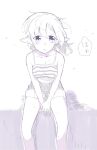  1girl alternate_costume blush breasts camisole cleavage commentary_request contemporary feet_out_of_frame highres koma_kitsune_(kururito) looking_at_viewer medium_breasts mizuhashi_parsee monochrome open_mouth pointy_ears purple_theme short_hair short_shorts shorts sitting solo sweat touhou wind 