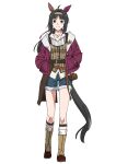  1girl absurdres ahoge animal_ears black_hair blue_shorts boots breasts brown_boots brown_eyes brown_hairband brown_headband closed_mouth collarbone commentary_request ear_covers hair_ornament hairband hairclip hands_in_pockets headband highres horse_ears horse_girl horse_tail jacket jewelry logotype_(racing)_(umamusume) logotype_(umamusume) long_hair long_sleeves looking_at_viewer mismatched_ear_covers necklace purple_jacket shirt shorts smile socks tail umamusume white_socks yokkest 