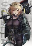  1girl ammunition_pouch arknights arktic artist_name axe black_choker black_gloves black_horns black_jacket black_pantyhose blonde_hair breasts character_name choker commentary cowboy_shot flux_raider gloves grey_background gun handgun highres holding holding_axe horns id_card jacket large_breasts looking_at_viewer military open_clothes open_jacket open_mouth pantyhose pointy_ears pouch radio radio_antenna red_eyes revision short_hair sig_sauer sig_sauer_p320 simple_background solo tactical_clothes tail torn_clothes torn_pantyhose vanilla_(arknights) weapon 
