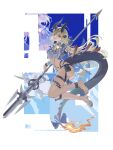  1girl absurdres arknights ass belt_pouch bikini black_bikini black_horns black_nails black_tail blonde_hair blue_neckerchief breasts criss-cross_strings dragon_girl dragon_horns dragon_tail feet feet_up_heels_up fingernails fire flame-tipped_tail floating_hair from_side full_body green_eyes high_heel_sandals high_heels highres holding holding_polearm holding_weapon horns infection_monitor_(arknights) jumping long_hair looking_at_viewer medium_breasts multiple_horns nail_polish neckerchief official_alternate_costume polearm pouch reed_(arknights) reed_the_flame_shadow_(arknights) reed_the_flame_shadow_(summer_flower)_(arknights) sandals see-through_clothes see-through_shirt shirt single_bare_foot skindentation solo spear swimsuit swimsuit_cover-up tail thigh_strap thighs toenail_polish toenails toes v very_long_tail weapon wu_xian_heping 
