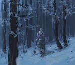  1boy absurdres axe belt blue_hair blue_jacket boots coldified dutch_angle forest full_body fur_trim gloves highres holding holding_axe jacket male_focus minecraft_youtube nature neblx0 outdoors short_hair snow solo tree walking 