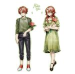  1boy 1girl black_pants black_shoes bouquet breasts brown_hair buroko404 character_name chinese_commentary collarbone collared_shirt commentary_request degrees_of_lewdity dress flower freckles frilled_dress frilled_sleeves frills full_body green_dress green_eyes green_outline green_shirt heel_up highres holding holding_bouquet holding_flower long_hair long_sidelocks looking_at_another looking_at_viewer mars_symbol medium_breasts medium_dress outline pants parted_bangs parted_hair pink_flower pink_tulip plaid_clothes plaid_dress robin_(degrees_of_lewdity) robin_(female)_(degrees_of_lewdity) robin_(male)_(degrees_of_lewdity) shirt shirt_tucked_in shoes short_hair short_sleeves side_part sidelocks simple_background sleeve_rolled_up smile sneakers square_neckline standing suspender_pants tulip venus_symbol very_short_hair white_background 