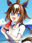  1girl animal_ears ashiroku_(miracle_hinacle) blue_eyes blue_sky blush braid breasts brown_hair cloud commentary epiphaneia_(umamusume) food fruit gaze_on_me!_outfit_(umamusume) hair_between_eyes hair_tuft highres holding holding_food holding_fruit horse_ears horse_girl horse_tail long_hair multicolored_hair ocean open_mouth outdoors shirt sky smile solo streaked_hair tail tied_shirt umamusume water watermelon watermelon_slice white_shirt 