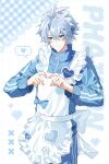  1boy absurdres antenna_hair apron blue_eyes blue_jacket closed_mouth commentary grey_hair hair_between_eyes heart heart_hands highres honkai:_star_rail honkai_(series) jacket long_sleeves maid_apron maid_headdress male_focus nol_bk phainon_(honkai:_star_rail) short_hair smile solo track_jacket untranslatable_commentary white_apron white_headdress 