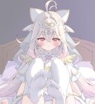  1girl antenna_hair bed blonde_hair blush bow brooch capelet closed_mouth cure_arcana dress frilled_capelet frilled_cuffs frills gradient_hair hair_intakes heart heart_brooch highres jewelry kneehighs kurono_yuzuko long_hair looking_at_viewer magical_girl meitantei_precure! moria_luluka multicolored_hair on_bed pillow precure smile socks solo veil very_long_hair white_capelet white_dress white_veil winged_gloves winged_heart wrist_cuffs 