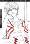  1boy 666d74 abs art_program_in_frame bodypaint earrings fate/grand_order fate_(series) gilgamesh_(fate) highres jewelry looking_at_viewer necklace pectorals red_eyes smirk solo toned toned_male 