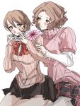  2girls black_skirt blush bow bowtie brown_eyes brown_hair closed_mouth crying crying_with_eyes_open flower gekkoukan_high_school_uniform giving_flower hair_between_eyes highres holding holding_flower in-franchise_crossover looking_at_another multiple_girls okumura_haru persona persona_3 persona_5 pink_sweater red_bow red_bowtie school_uniform short_hair shuujin_academy_school_uniform simple_background skirt sweater takeba_yukari tears trait_connection turtleneck turtleneck_sweater white_background yuyuy_00 