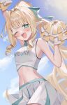  1girl aqua_eyes armpits blonde_hair buruma cheerleader commentary_request crop_top drill_hair drill_ponytail drill_sidelocks genshin_impact gym_uniform hair_ribbon highres holding holding_pom_poms long_hair miniskirt open_mouth pleated_skirt pointy_ears pom_pom_(cheerleading) ribbon richi_1214 shirt sidelocks skirt sleeveless sleeveless_shirt smile solo sweat sweatdrop tiara two-tone_skirt vesna_(genshin_impact) white_skirt 