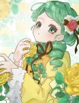  1girl :o breasts brown_ribbon commentary_request dress drill_hair eyelashes flower frilled_sleeves frills green_eyes green_hair green_skirt hair_flower hair_ornament hair_ribbon heart heart_hair_ornament highres holding holding_flower juliet_sleeves kanaria light_blush long_sleeves looking_at_viewer low_twintails mashiro medium_hair neck_ribbon open_mouth puffy_sleeves red_flower red_rose ribbon rose rozen_maiden skirt small_breasts solo swept_bangs twin_drills twintails upper_body wide_sleeves yellow_dress yellow_flower yellow_rose 