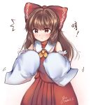  1girl :t blush bow brown_eyes brown_hair closed_mouth commentary dated detached_sleeves hair_bow hakurei_reimu highres long_hair looking_at_viewer red_bow red_skirt ribbon-trimmed_sleeves ribbon_trim signature skirt skirt_set sleeves_past_fingers sleeves_past_wrists solo touhou translation_request yolandabaka 