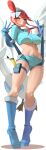  1girl absurdres bird blue_boots blue_eyes blue_gloves blue_shorts blush boots breasts commentary_request crop_top gloves gloves_over_sleeves hair_ornament highres large_breasts midriff momdy_(talesshinja) navel one_side_up open_mouth pokemon pokemon_(creature) pokemon_black_and_white red_hair short_hair_with_long_locks short_shorts shorts sidelocks skyla_(pokemon) smile swanna 
