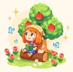  1girl animal_crossing animal_crossing:_new_horizons apple apple_tree artist_name blue_butterfly blue_dress blush_stickers book brown_eyes brown_hair bug butterfly chibi coffee_mug cup denim denim_dress dress flower food fruit grass highres holding holding_book kaaileen log mug open_book pink_flower pink_tulip red_shirt shirt short_sleeves sitting sleeveless sleeveless_dress solo sparkle striped_clothes striped_shirt tree tulip two-tone_shirt white_flower white_shirt 