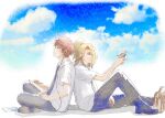  2boys adam's_apple back-to-back blonde_hair blue_necktie blue_sky cloud commentary_request deidara_(naruto) dress_shirt earphones full_body grey_pants long_hair male_focus multiple_boys naruto_(series) naruto_shippuuden necktie oishiiudon1240 on_floor pants red_hair sasori_(naruto) school_uniform shared_earphones shirt short_hair sitting sky spiked_hair white_shirt 