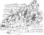  1girl ^_^ alternate_costume animal_ears anko_(gochiusa) bonnet branch carousel chopin_in_cup closed_eyes commentary_request dress floppy_ears frilled_dress frills gochuumon_wa_usagi_desu_ka? gown greyscale hairband hand_up highres horse kirima_syaro kneehighs lolita_fashion lolita_hairband looking_at_viewer lop_rabbit_ears monochrome musical_note_background on_swing orb rabbit_ears sheet_music shirt skirt socks solo_focus swing traumerei_(robert_schumann) victorian wild_geese 