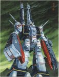  1980s_(style) artist_name assault_visor border choujikuu_yousai_macross cloud cloudy_sky colorful_clouds daedalus_(macross) full_body highres macross mecha mecha_focus mountain no_humans official_art orange_assault_visor outdoors painting_(medium) prometheus_(ship) radio_antenna retro_artstyle robot sdf-1 sky solo spacecraft standing storm_attacker third-party_source traditional_media u.n._spacy watanabe_masami white_border 
