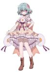  1girl anime_coloring aqua_hair boots brown_boots choker closed_mouth detached_sleeves dot_nose dress elbow_gloves frilled_choker frilled_dress frilled_skirt frills full_body gloves hair_between_eyes hair_ornament hand_on_own_hip highres looking_at_viewer magical_daisy magical_girl mahou_shoujo_ikusei_keikaku mahou_shoujo_ikusei_keikaku_restart official_art puffy_detached_sleeves puffy_sleeves purple_eyes purple_ribbon ribbon second-party_source short_hair simple_background single-shoulder_dress single_bare_shoulder skirt smile solo standing transparent_background white_choker white_gloves 