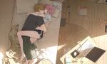  1boy 1girl artist_name bed bedroom black_shirt black_shorts blonde_hair blush book cellphone charging_device check_copyright closed_eyes closed_mouth commentary_request computer computer_mouse copyright_request cuddling cup dolphin_shorts facing_another from_above green_shorts grey_shirt head_on_pillow hetero highres hug indoors korean_commentary laptop leg_lock lying on_bed on_side original parted_lips phone pillow pink_hair rkdgi shirt short_hair short_shorts short_sleeves shorts sleeping smartphone sunlight sweat watermark wooden_floor 