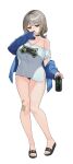  1girl absurdres bandaid bandaid_on_knee bandaid_on_leg black_sandals blonde_hair breasts can cleavage closed_mouth commentary_request ear_piercing grey_eyes grey_hair highres holding holding_can mole mole_under_mouth momera original piercing sandals shirt single_bare_shoulder solo white_background white_shirt 