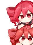  1girl :| ahoge black_shirt blush_stickers chibi chibi_only closed_mouth drill_hair dual_persona hair_between_eyes hands_on_another's_head highres kasane_teto kasane_teto_(utau) looking_at_viewer portrait red_eyes red_hair shirt t_s2_t twin_drills utau white_background 