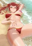  1girl absurdres arm_behind_head bangs beach bikini blush bow breasts btongued commentary_request frown furrowed_brow hair_bow hand_on_own_stomach heterochromia highres hololive houshou_marine large_breasts lips long_hair looking_at_viewer lying midriff navel ocean on_back pink_nails red_bikini red_bow red_eyes red_hair sidelocks skindentation solo starfish stomach swimsuit thighs twintails virtual_youtuber wet yellow_eyes 